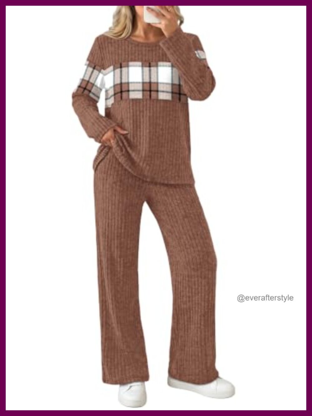 Womens Plaid Tracksuit Set Long Sleeve V-Neck Wide Leg Pants